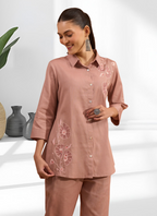 Joban Fashion Powder Pink Cotton, Linen Embroidered Readymade Cord Set | Grocsy