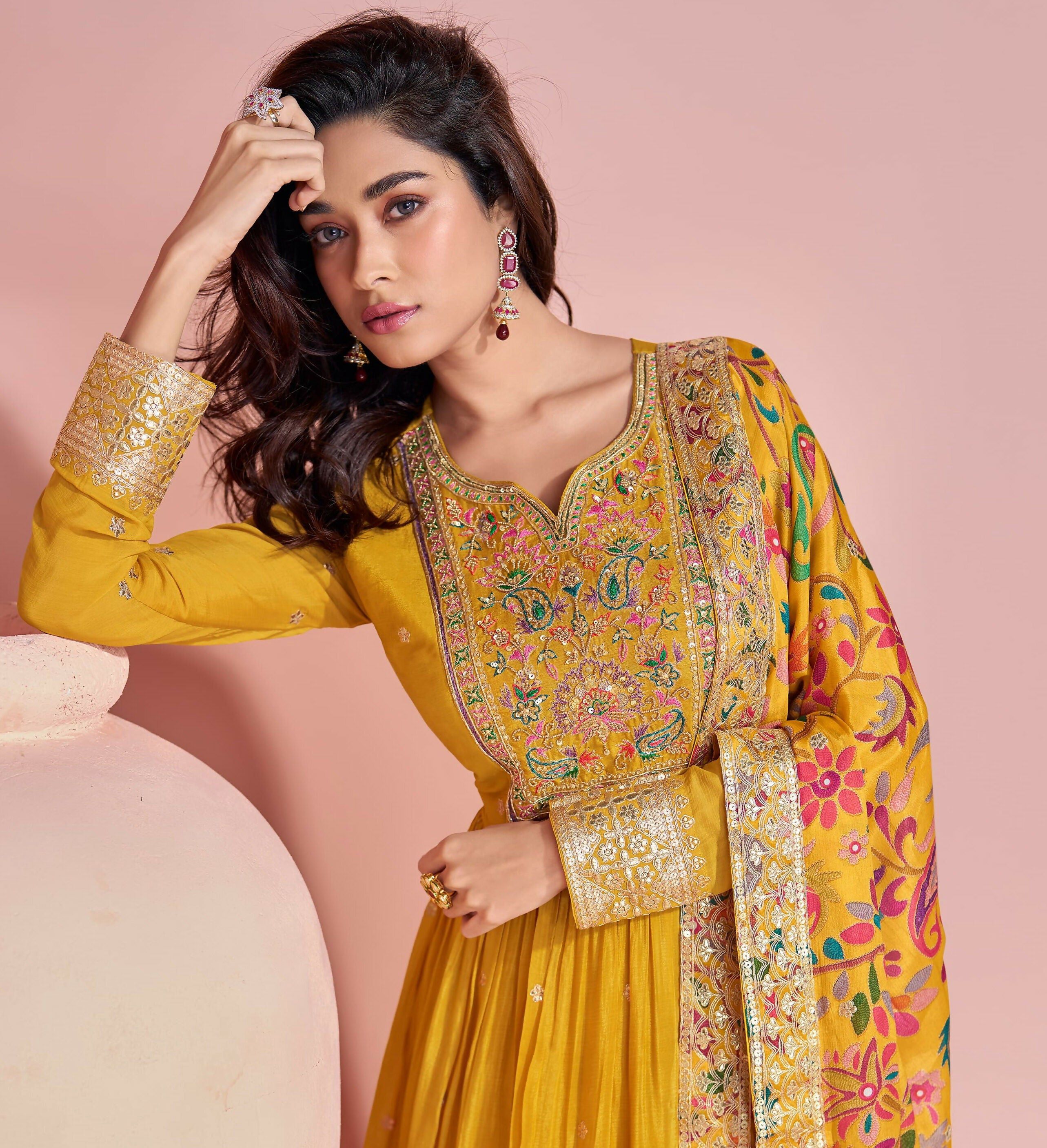 Anaita Yellow Embroidered Silk Anarkali Suits | Grocsy