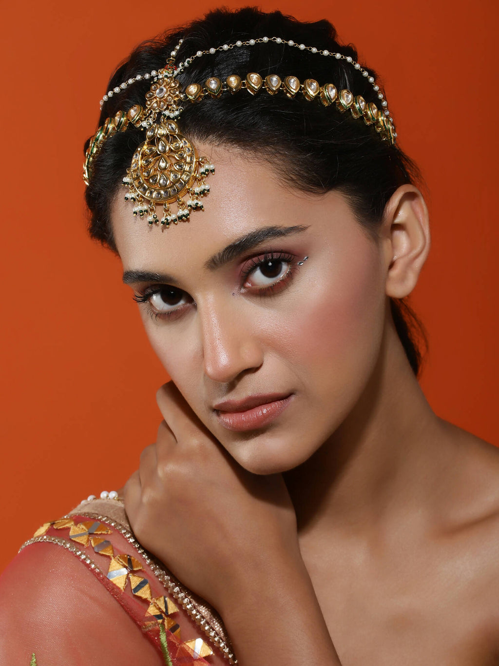 Women's Gold-Polished Kundan Mathapatti Head Jewellery - Ruby Raang | Grocsy