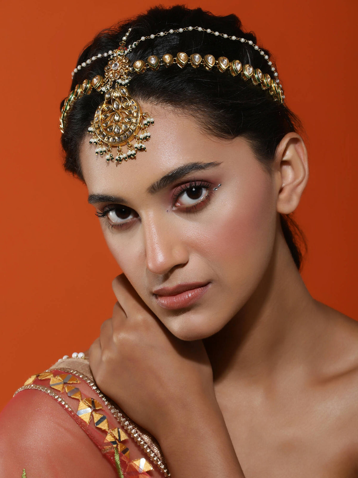 Women's Gold-Polished Kundan Mathapatti Head Jewellery - Ruby Raang | Grocsy