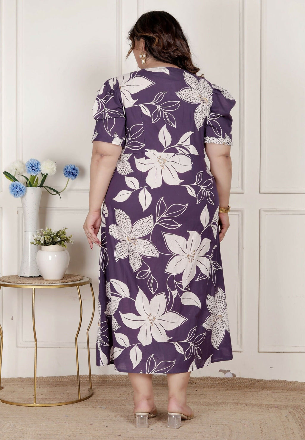 Miravan Womens Plus Size Purple Pleated Puff Sleeve Floral Pure Cotton Butterfly Middi Dress | Grocsy