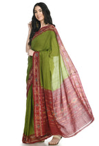Vamika Sambalpuri Ikat Cotton Rekhabala Buti Green & Red Saree | Grocsy