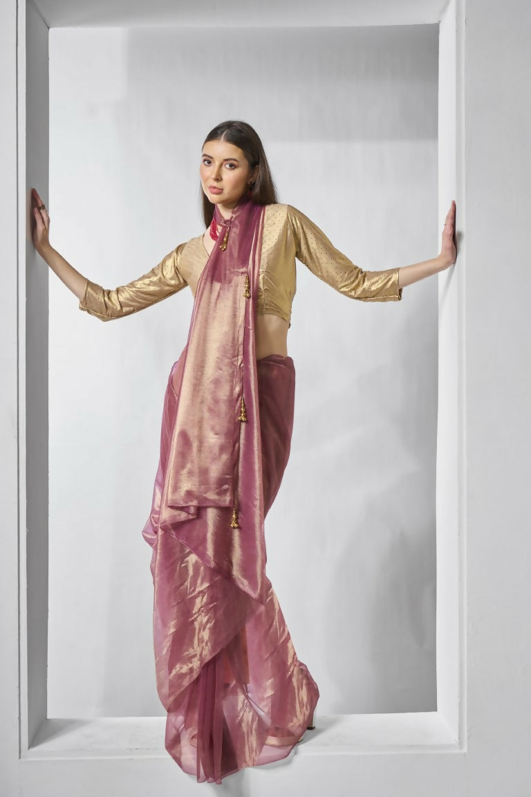 Onion Gold Tissue Net Solid & Gold Cotted Saree - Samaa | Grocsy