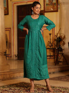 Juniper Women's Teal Festive Embroiderd Flared Dress | Grocsy