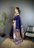 Joban Fashion Royal Blue Peacock & Floral Motifs Soft Lichi Silk Kanchipuram Saree | Grocsy