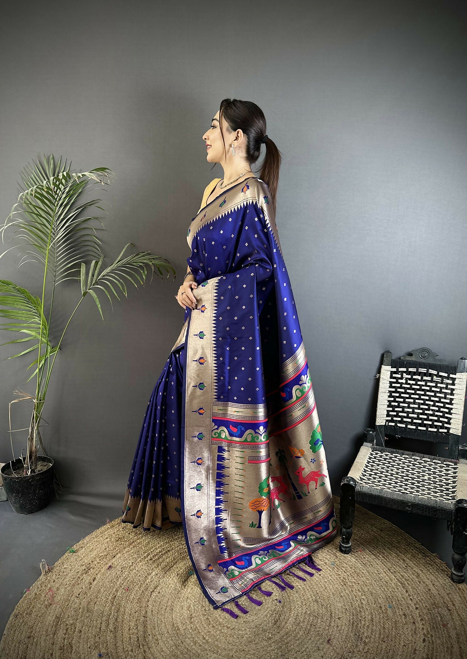 Joban Fashion Royal Blue Peacock & Floral Motifs Soft Lichi Silk Kanchipuram Saree | Grocsy