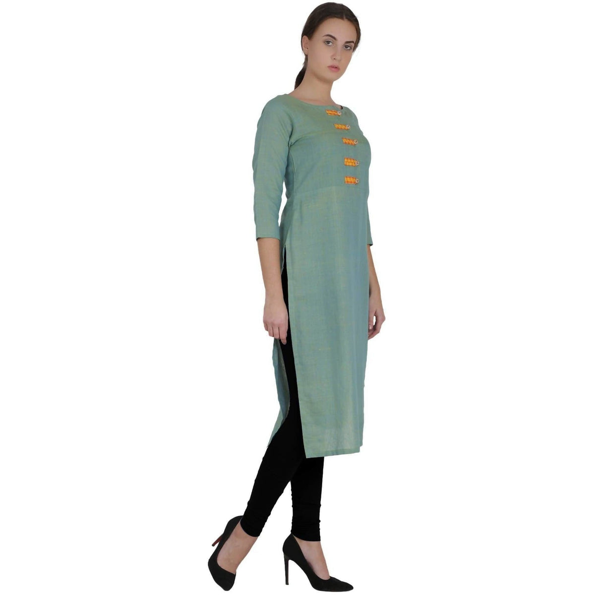 Kanoor Women's Green Cotton Straight Kurti | Grocsy