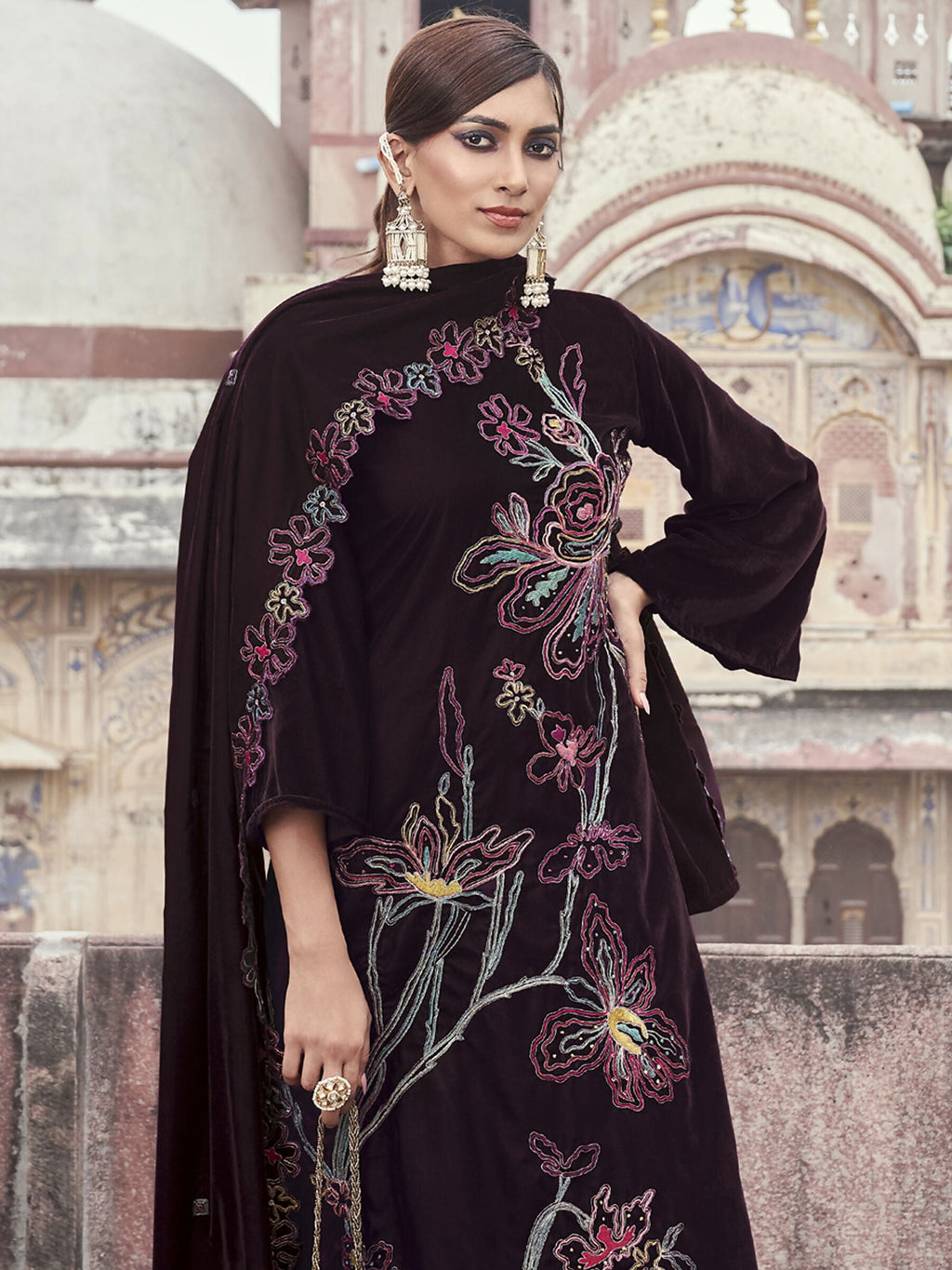 Jyoti Fashion Women's Wine Velvet Resham Thread with Jari & Sequin Kurta with Trouser & Dupatta | Grocsy