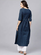 Vamika Navy Blue Printed Cotton Party/Casual Wear Kurta Set/Suit | Grocsy