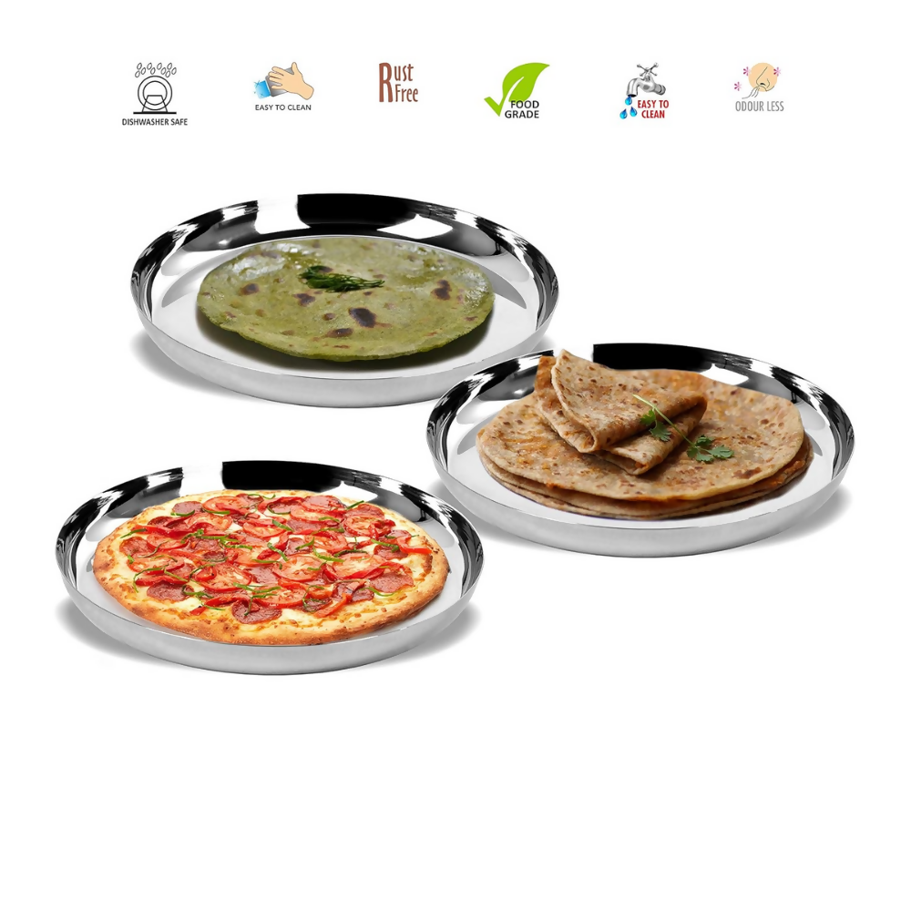 Sumeet Stainless Steel Apple Shape Heavy Gauge Dinner Plates - Set of 3 | Grocsy