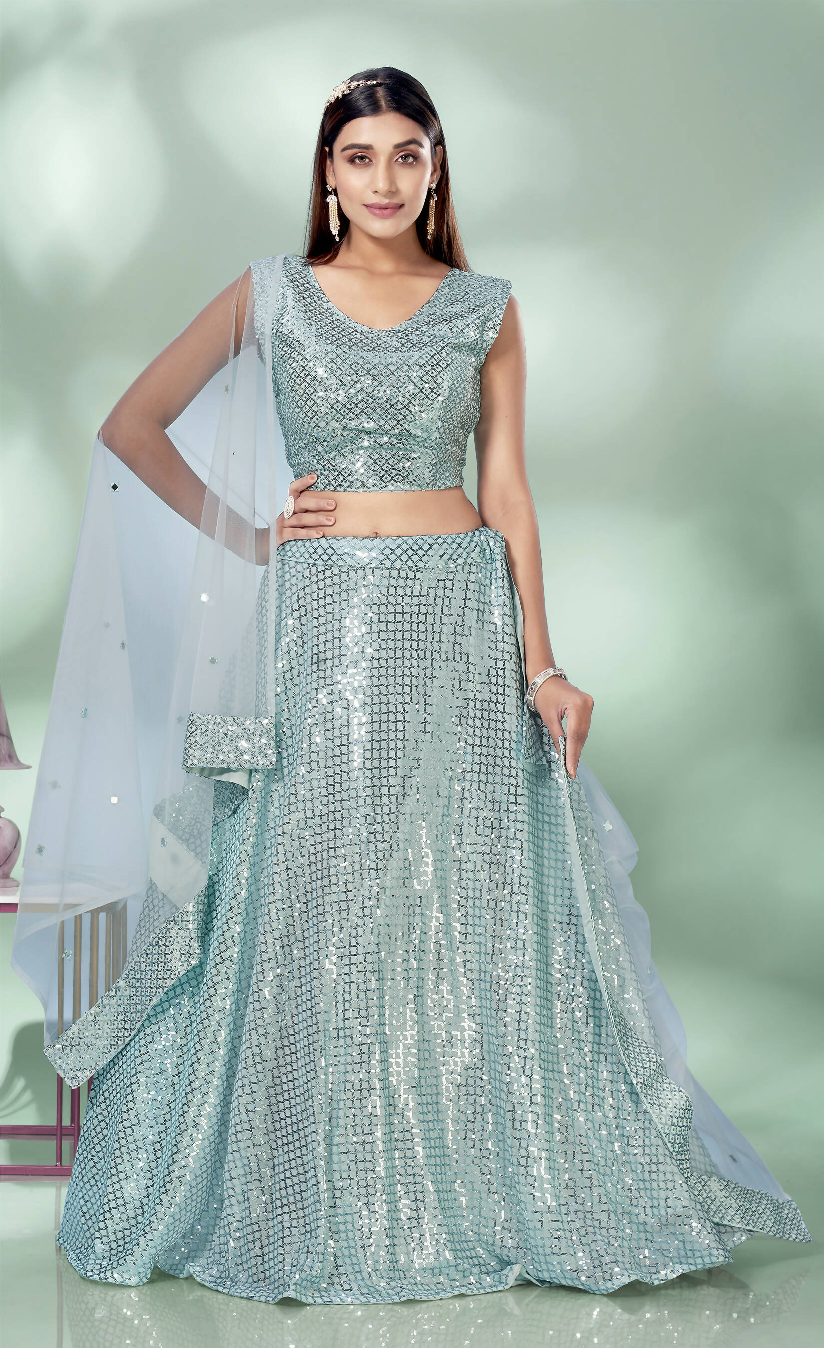 Sky Blue Net Heavy Sequence work Lehenga Choli with Dupatta - Tanya | Grocsy