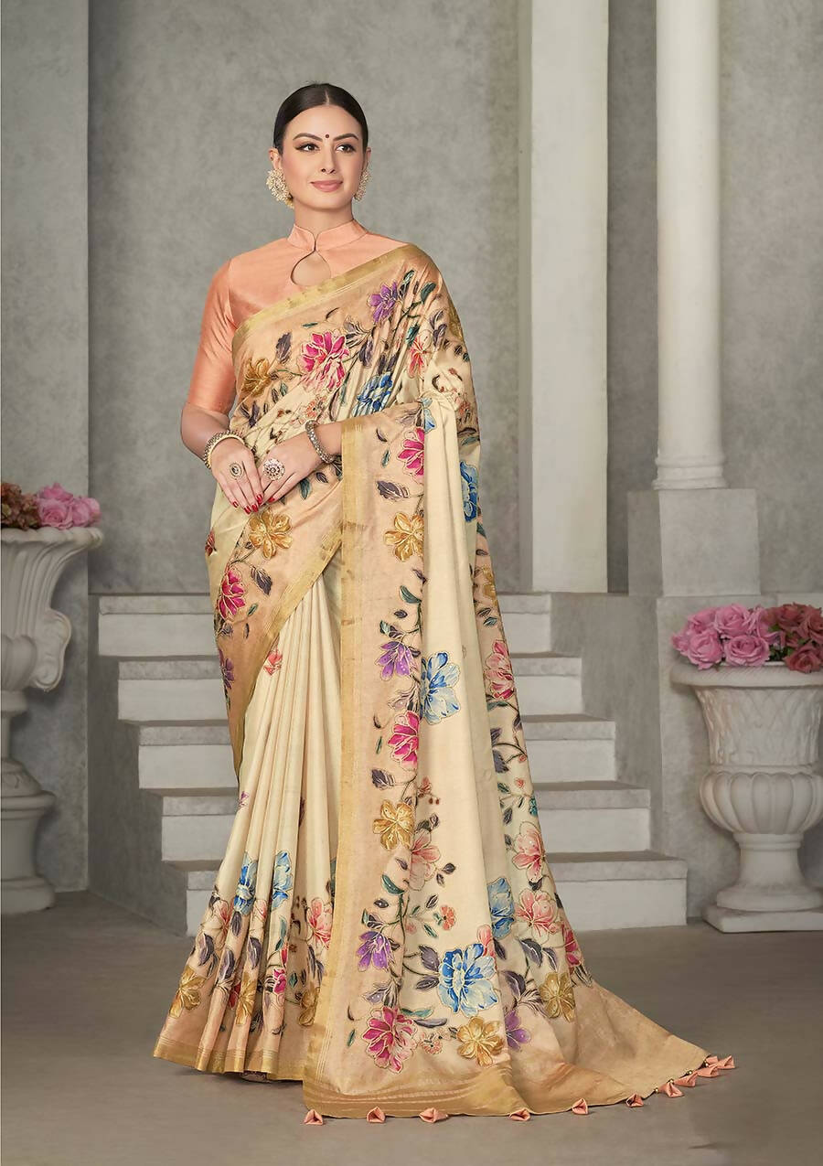 Beige Rangkat Tussar Silk Woven Design Saree with Unstitched Blouse - Mohmanthan Eshani | Grocsy