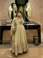 Teeya Creation Womens New Fancy Silk Heavy Quality Fabric with Handwork Cream Gown Set | Grocsy