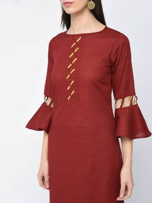 Aniyah Cotton Criss Cross Bell Sleeves Straight Kurta In Maroon (AN-101B) | Grocsy
