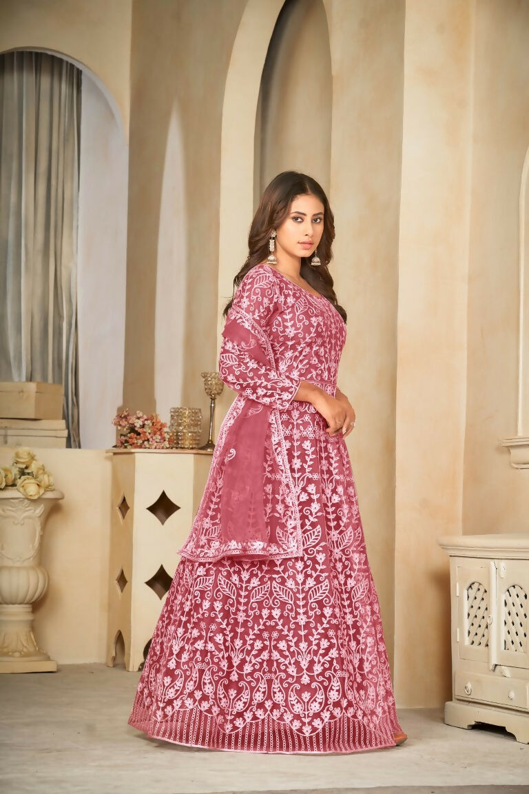 Jyoti Fashion Women's Gajri Net Embroidered Anarkali Kurta Pant Set With Dupatta | Grocsy