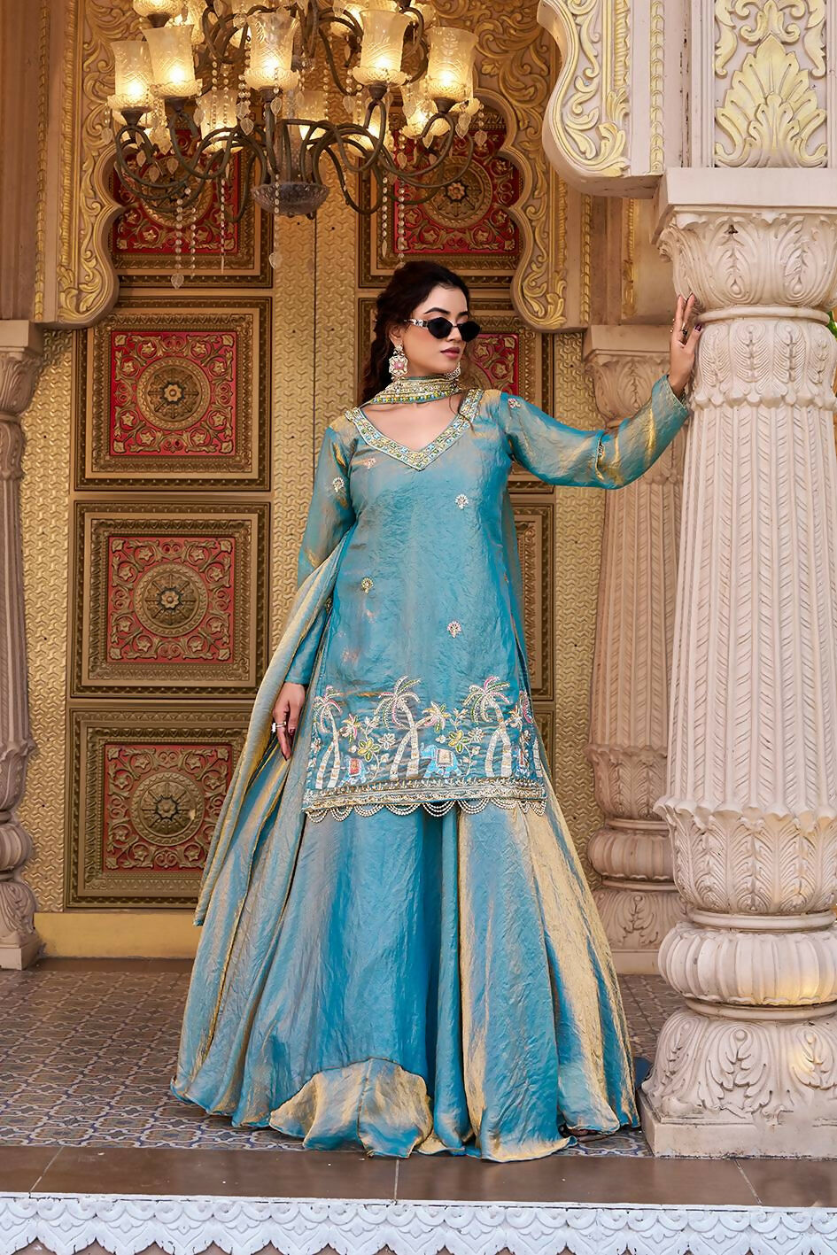 Teeya Creation Womens New Stylish Moti Beads With Cording Sequence Thread Embroidery Work Aqua-Blue Kurta Set | Grocsy