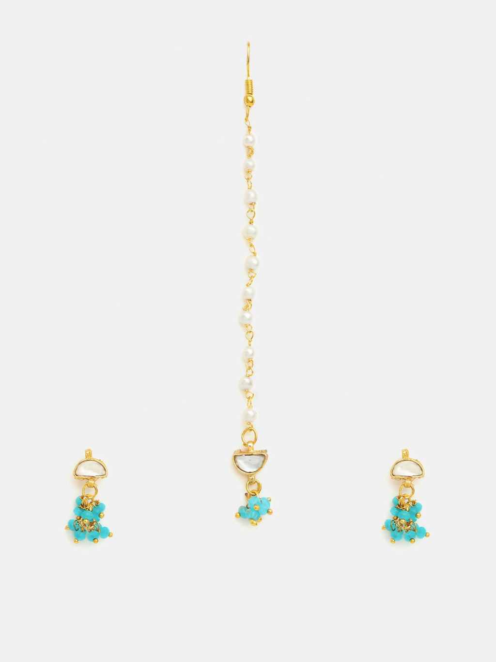 Ruby Raang Semi-Circle Gold Blue Earrings Set With Maang Tikka | Grocsy