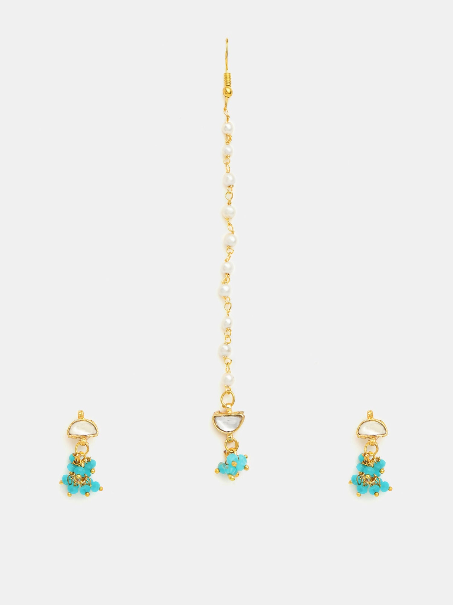 Ruby Raang Semi-Circle Gold Blue Earrings Set With Maang Tikka | Grocsy