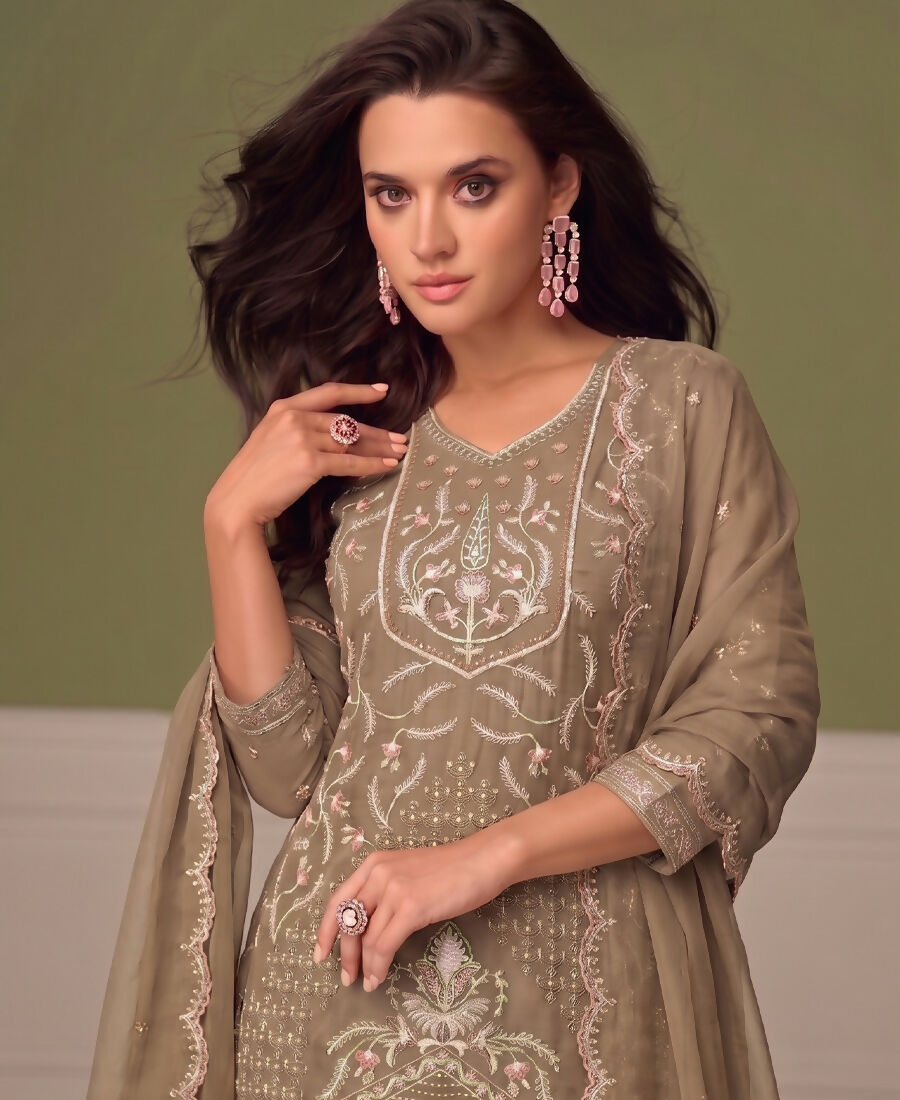 KC Beautiful Beige Chiffon Silk Hand Embroidery Suit For Women | Grocsy