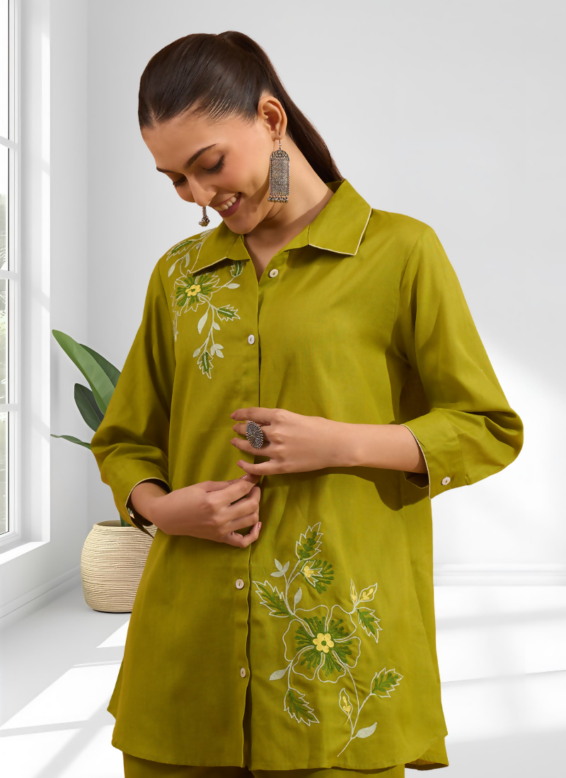 Joban Fashion Green Cotton, Linen Embroidered Readymade Cord Set | Grocsy