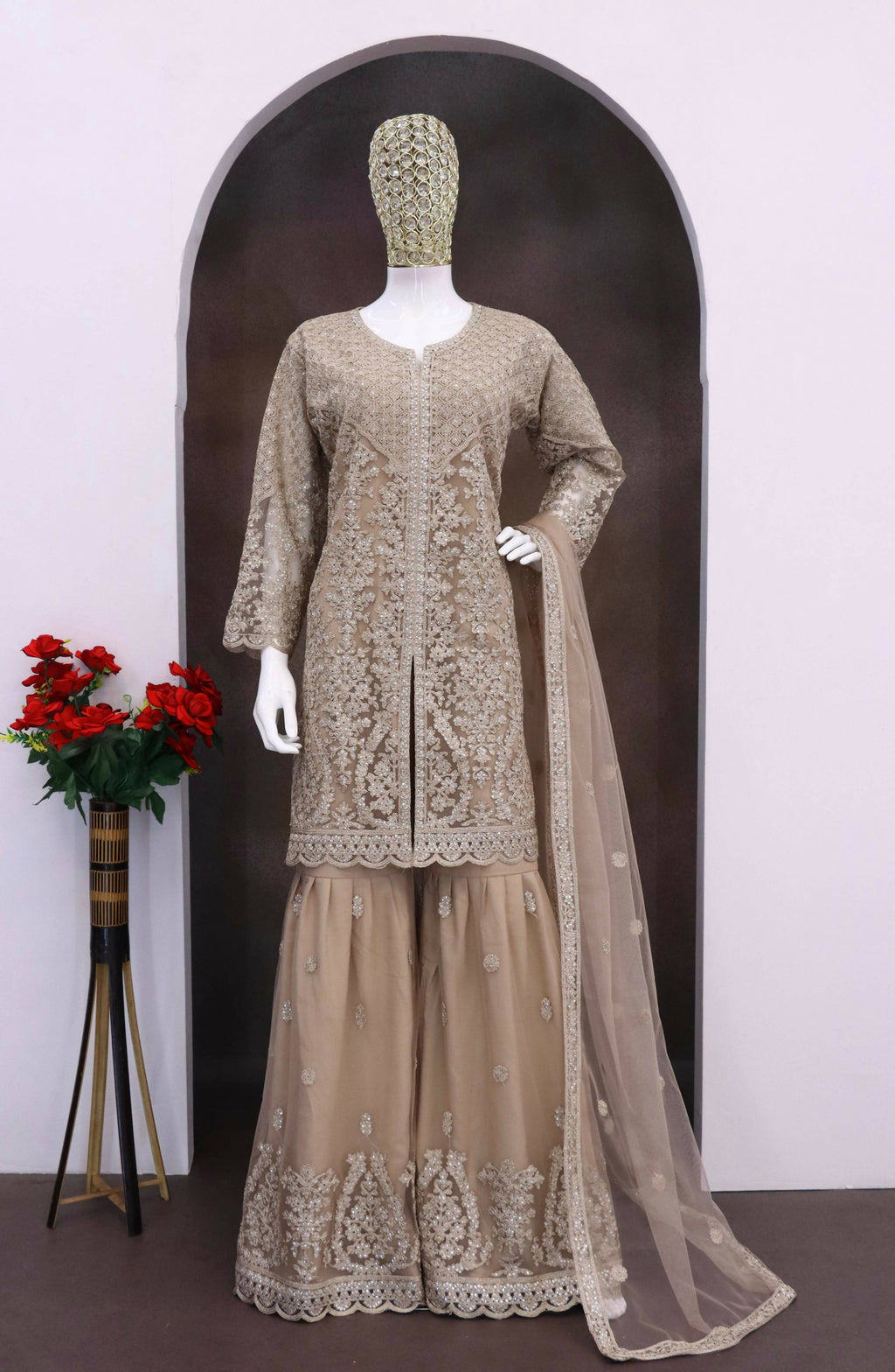 Anaita Cream Heavy Net Readymade Suit with Embroidery & Sequence Work | Grocsy