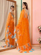 Partywear Designer Orange Net Fancy Saree - Dyuti | Grocsy