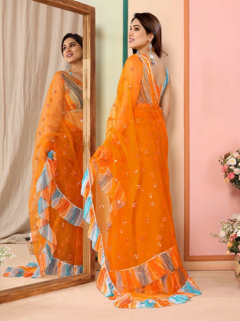 Partywear Designer Orange Net Fancy Saree - Dyuti | Grocsy