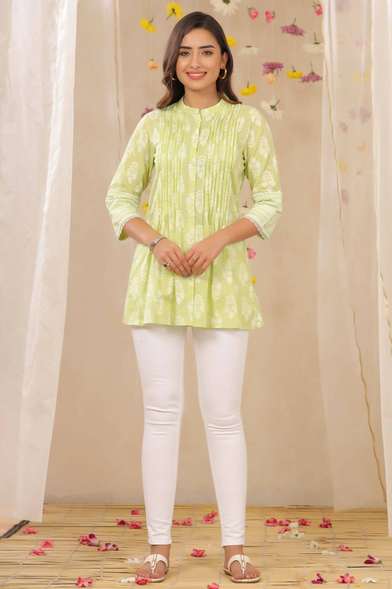 Juniper Women Limegreen Cambric Printed A-Line Tunic | Grocsy