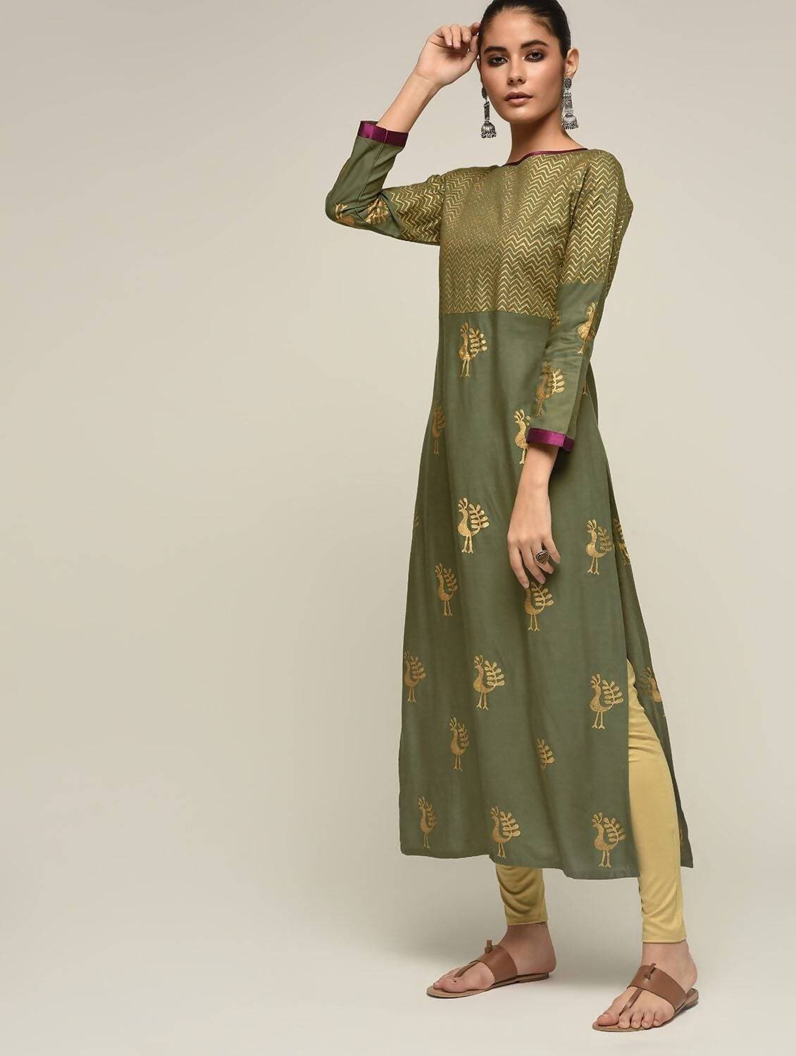 Cheera Hand Block Print Olive green Anarkali Kurta (MAAI-066K) | Grocsy