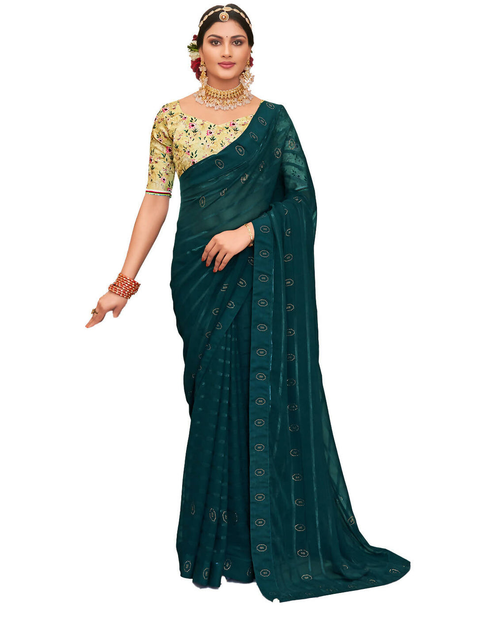 Teal Georgette Swaroski Work Saree With Unstitched Blouse Piece - Juhi | Grocsy