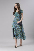 Souchii Teal & Blue Floral Printed Fit & Flare Dress | Grocsy