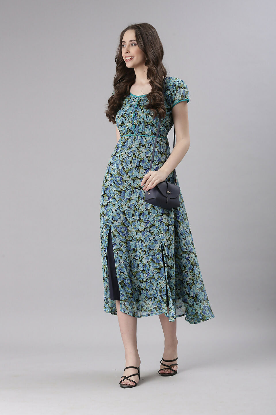 Souchii Teal & Blue Floral Printed Fit & Flare Dress | Grocsy