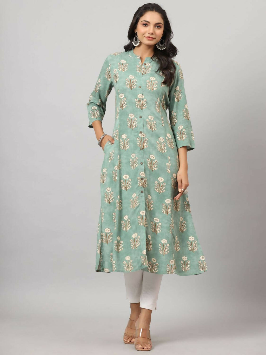 Juniper Women's Green Printed A-Line Kurta | Grocsy