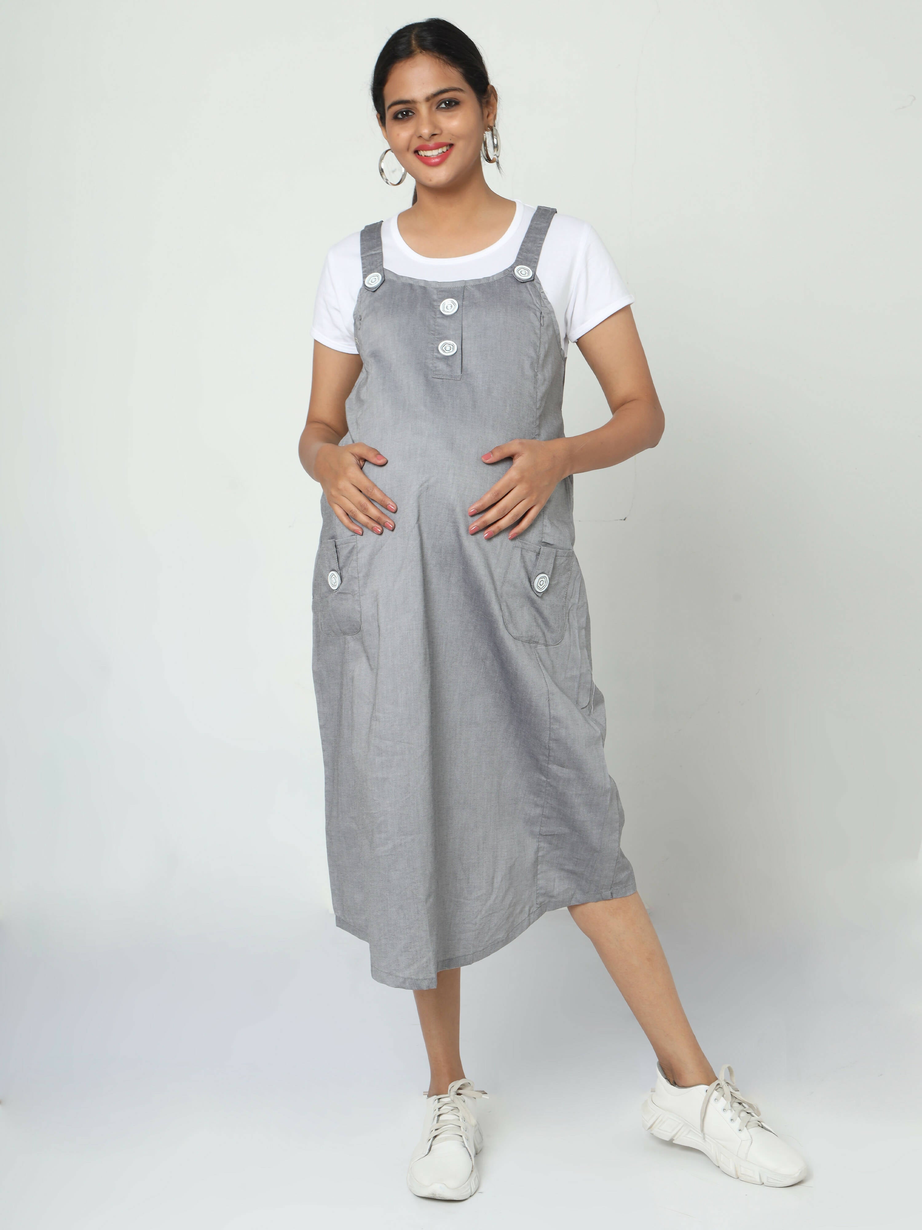 Manet Half Sleeves Solid Maternity Dress With Concealed Zipper Nursing Access - Grey | Grocsy