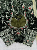 Vastranavya Mehendi Viscose Velvet Thread Sequence Work Top-Bottom With Dupatta | Grocsy