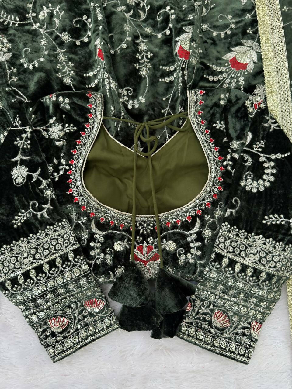 Vastranavya Mehendi Viscose Velvet Thread Sequence Work Top-Bottom With Dupatta | Grocsy