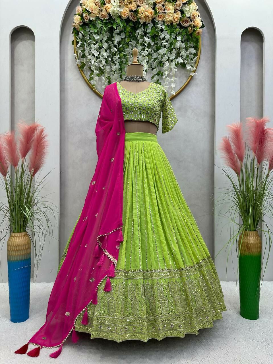 Jyoti Fashion Women's Green Faux Georgette Sequins with Thread Embroidered Designer Lehenga Choli Set | Grocsy