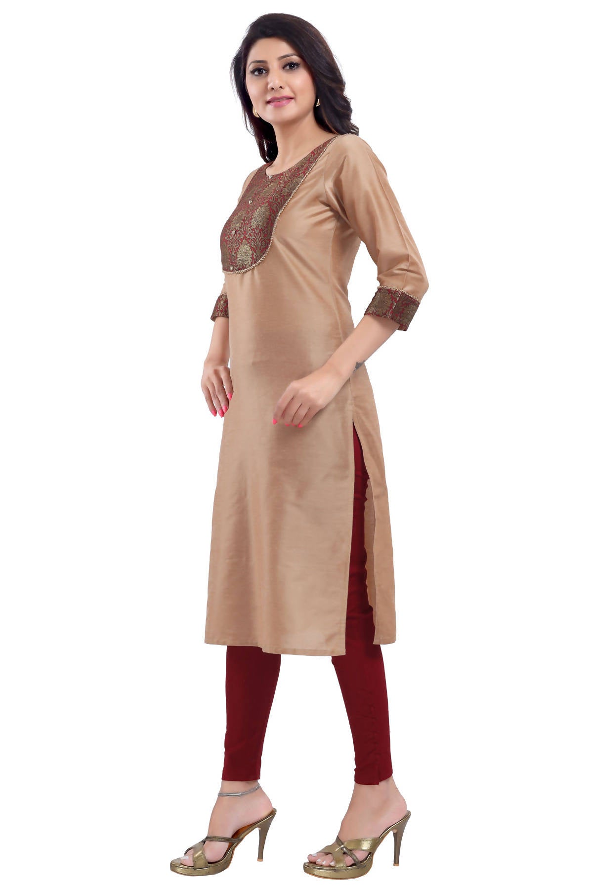 Snehal Creations Beige Cotton Silk Kurti Top | Grocsy