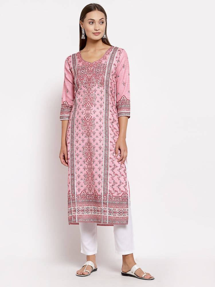 Myshka Women's Multi Pashmeena Printed 3/4 Sleeve Round Neck Casual Winter Kurta | Grocsy