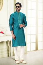 Raivat Ethnic Jacquard Banarasi Silk Thread Work Kurta Pajama In Blue Colour | Grocsy