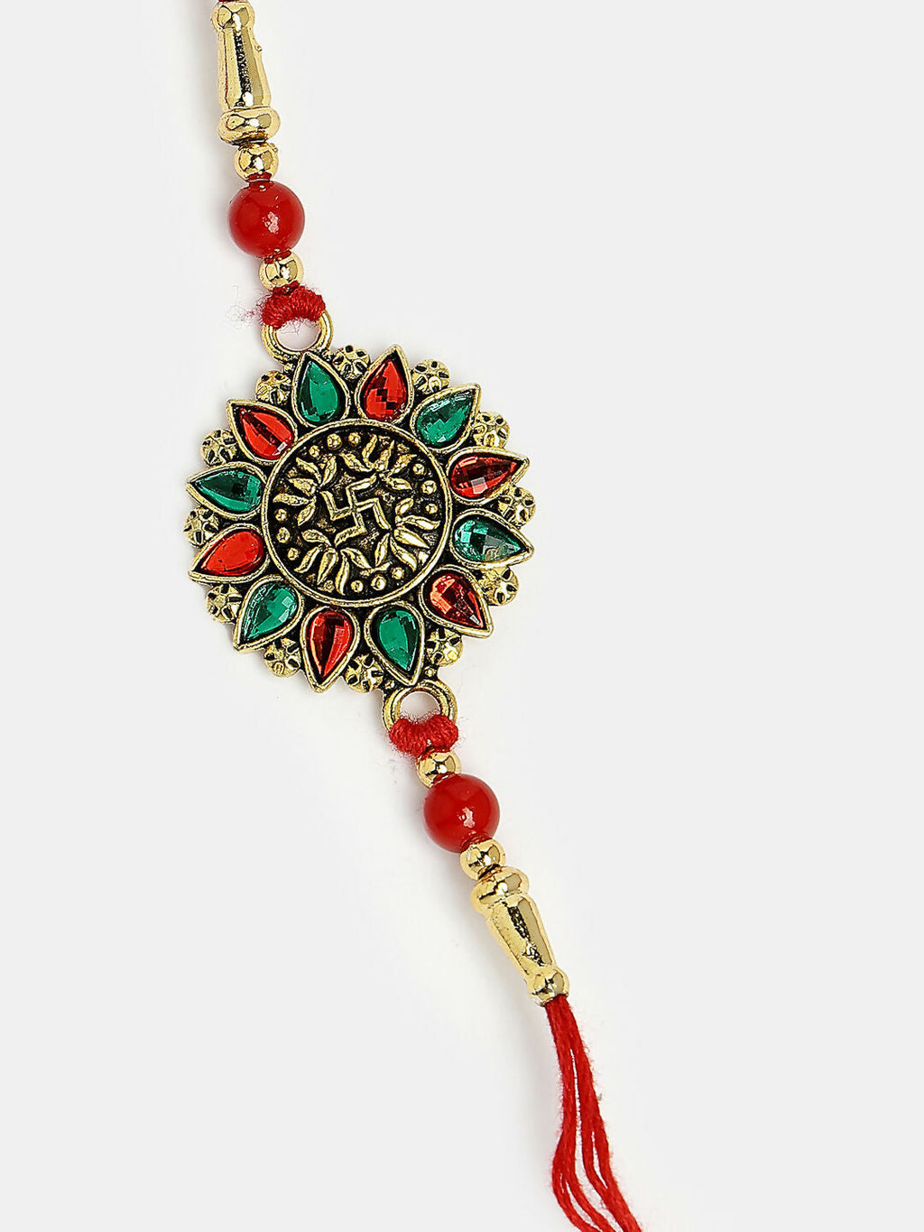 NVR Men Red & Gold-Toned Stone-Studded Rakhi With Roli Chawal | Grocsy