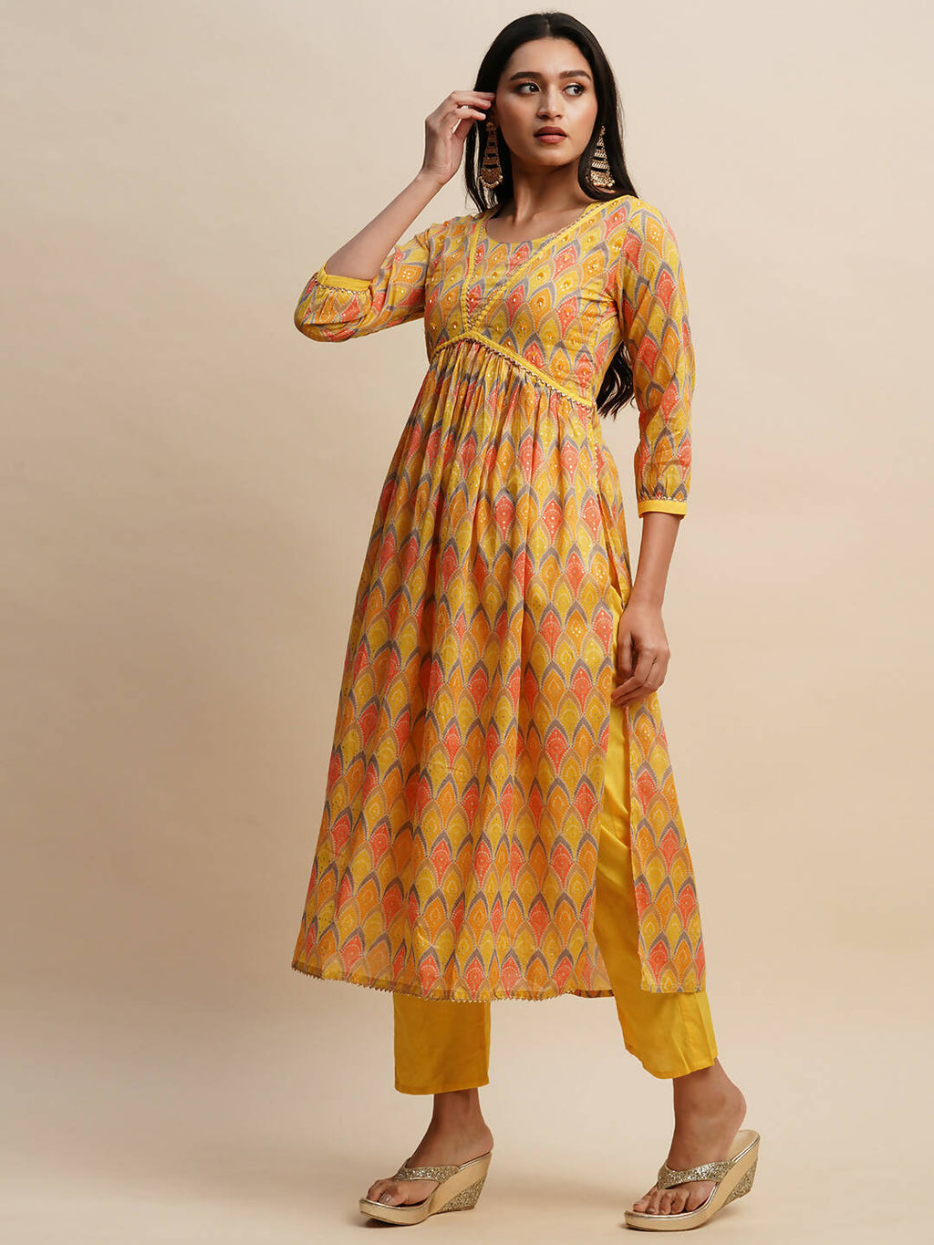 Yellow Pure Cotton Bandhani Printed Naira Cut Kurta And Bottom With Dupatta - Akashara | Grocsy