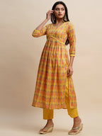 Yellow Pure Cotton Bandhani Printed Naira Cut Kurta And Bottom With Dupatta - Akashara | Grocsy