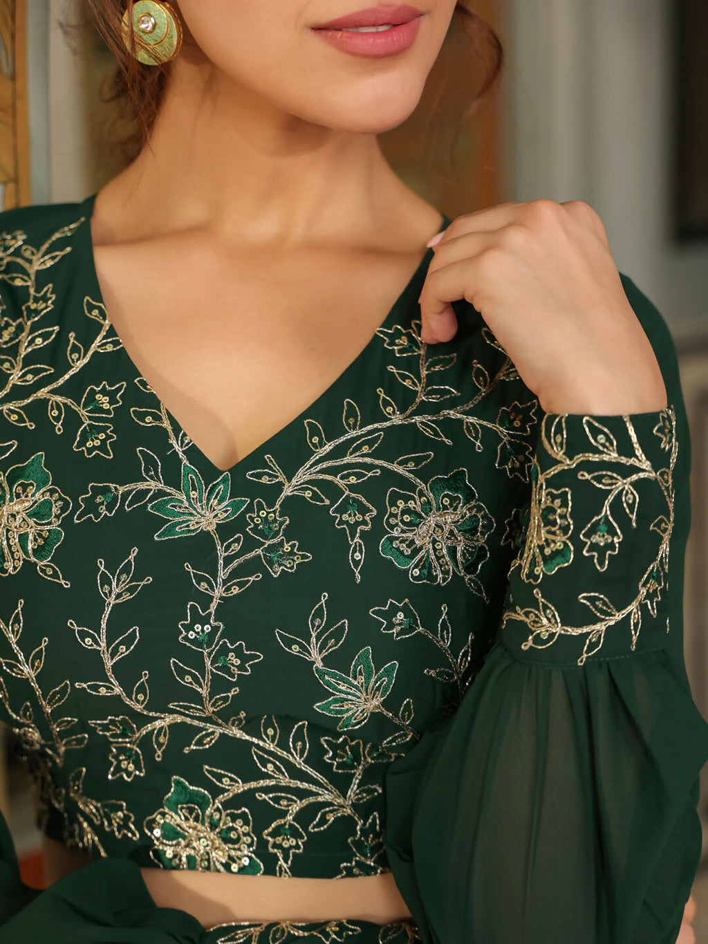 Janasya Dark Green Georgette Embroidered Top & Skirt | Grocsy