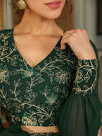 Janasya Dark Green Georgette Embroidered Top & Skirt | Grocsy