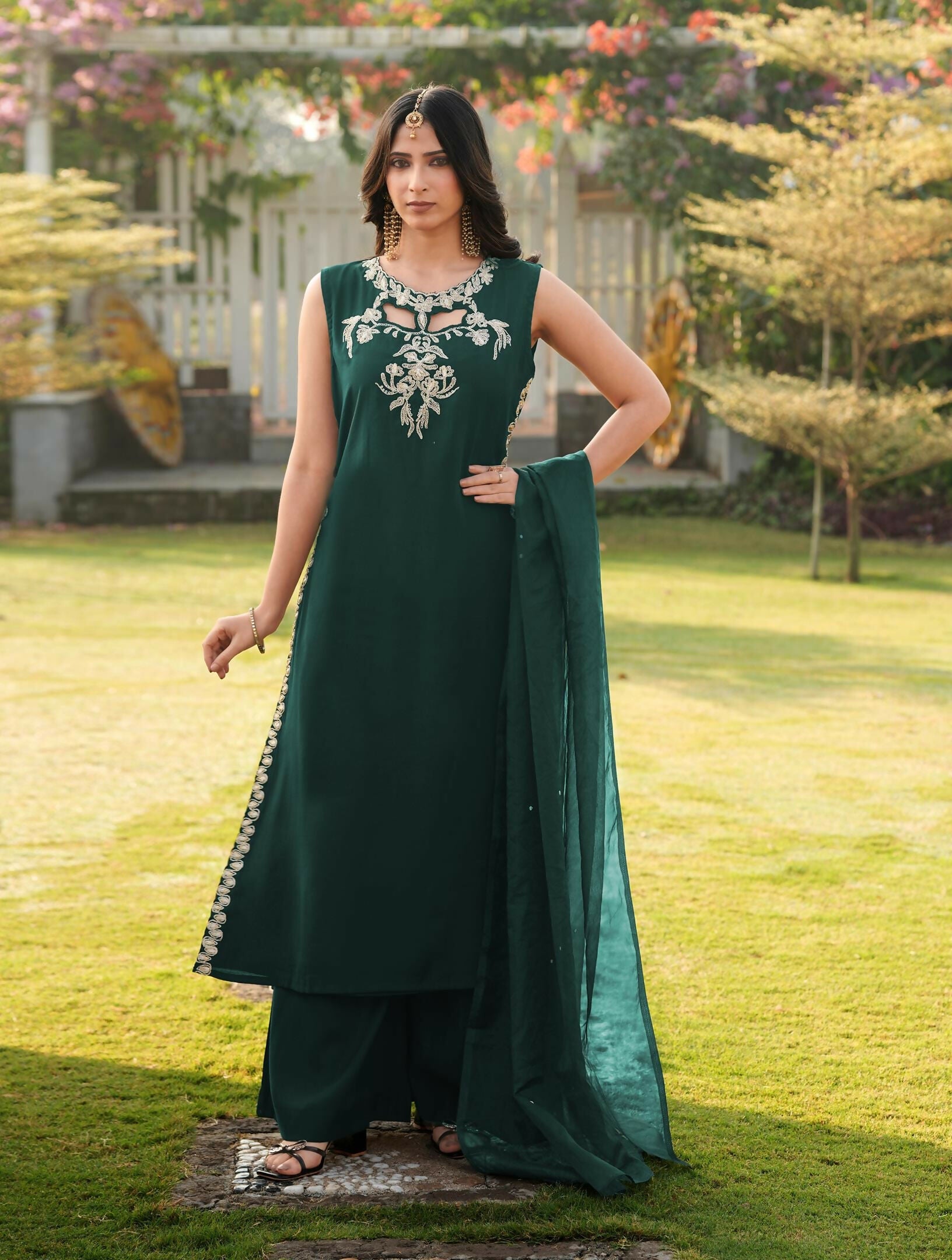 Nikhaar Dark Green Embroidered Art Silk Stitched A Line Kurta Palazzo Dupatta Readymade Suit | Grocsy
