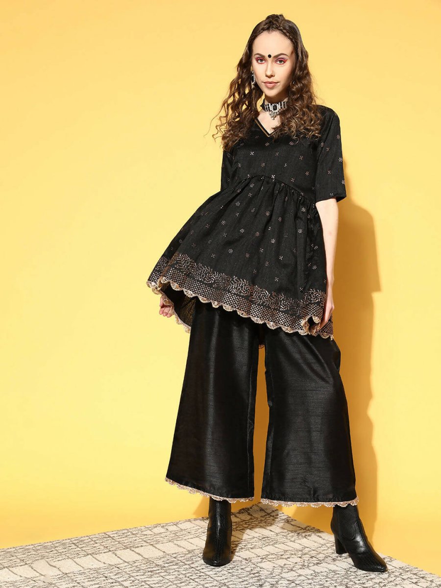 Ahalyaa Women Black Colour Poly Silk Copper Printed Top Palazzo Set | Grocsy