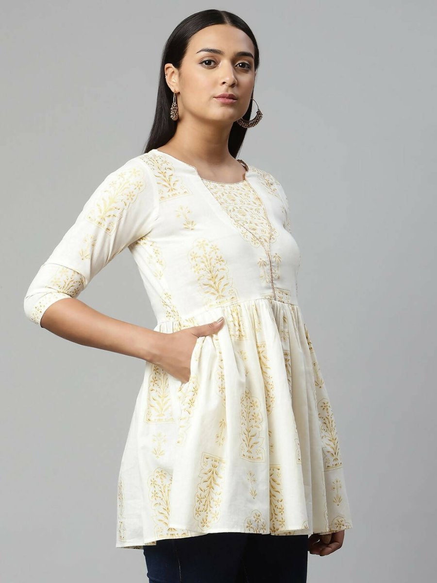 Ahalyaa Women Off White Beautiful Pure Cotton Printed Tunic | Grocsy