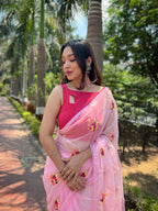 Vamsee Red-Garden Pink Organza Saree | Grocsy
