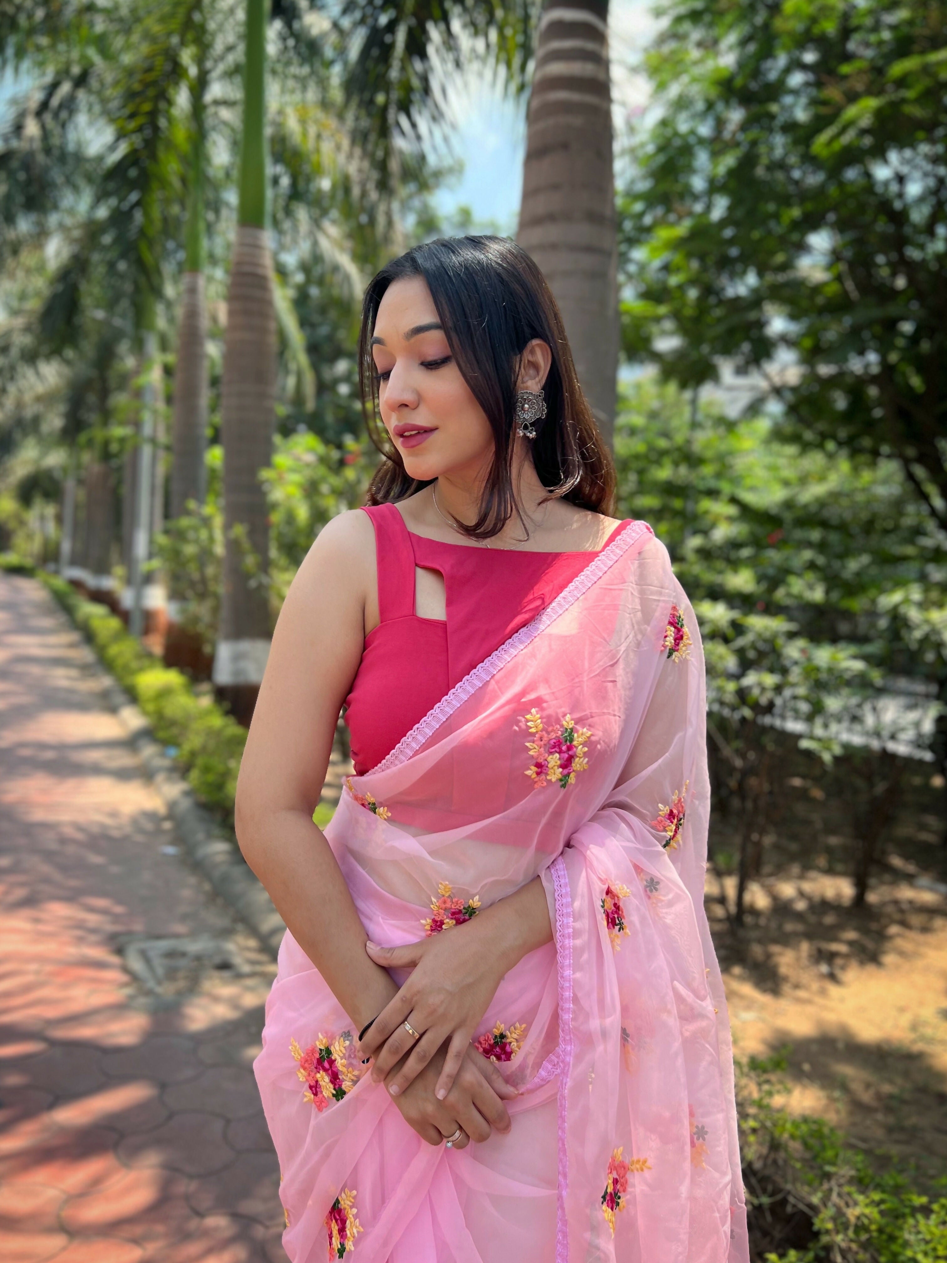 Vamsee Red-Garden Pink Organza Saree | Grocsy